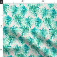 Pamuk Saten Stolcloth, 70 Trg - Palms rumenilo Tropsko cvjetni palmi lišće zeleni ružičasti akvarel