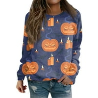 Tking modni vrhovi s dugim rukavima za žene Crewneck bundeve print Halloween majica labavi pulover bluza plavi s