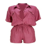 Qiylii Dame Set odmora Summer Set, Solid Coloras Rever Pocket majica s kratkim rukavima, kratke hlače za kratke hlače