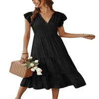 Žene Ljeto V izrez Midi haljina Ležerne prilike Flowy Swing ruffles Tined haljina Flutter rukava Boho haljine crne m