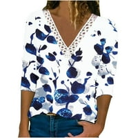 Proljetni trendi vrhovi za žene plus veličine Crochet čipkani obloge V izrez dugih rukava casual cvjetni ispisani bluze dame modne majice za majice