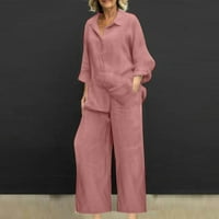 Ženska ljetna pamučna posteljina postavljena dugačka majica s dugim rukavima i široke pantalone za noge udobne dva salon set ružičasta xxxxxl