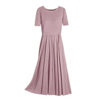 Bazyrey ženske haljine Ljeto kratki rukav A-line haljine ženske solidne modne okrugle dekolene ružičaste