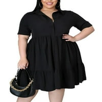 Voguele Women Midi haljina kratki rukav ljetni haljini spustiti se spuštanje ruched plus size crni xl