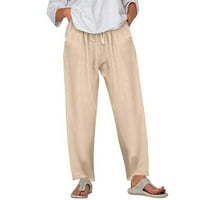 Žene Casual Solid Color Pant pamučna mješavina Elastična struka džepa Duge široke noge Hlače Žene pantalone