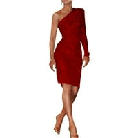 Ženske haljine žene duge haljine jedno rame Dugi rukav sekvenki ruširani mršavi čvrste haljine za žene crvene s