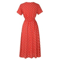Ženska casual šifonska štampana V-izrez struk kratki rukav Swight haljina gutanja, crvena, l