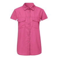 Žene Ljetne vrhove ženski džepovi Dugmas Ležerne prilike V-izrez Bluze s kratkim rukavima Tuničke košulje ružičaste 2xl