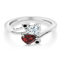 Gem Stone King Sterling Silver Red Garnet Dvostruki srčani prsten za žene postavljene sa srčanim oblikom Moissinite