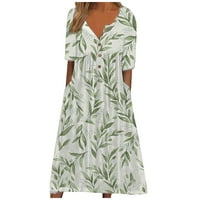 Ljetne haljine za žene kratki rukav Dužina gležnjana modna cvjetna a-linija plaža Henley haljina zelena