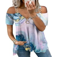 Lilylll Ženski kratki rukav hladni rame na majici tiskani tiskani TOCGY TUNIC Bluze