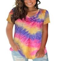 LUMENTO WOMENS cvjetni osnovni V izrez kratkih rukava s majicama Ljetni casual vrhovi Tie-dye Tunic