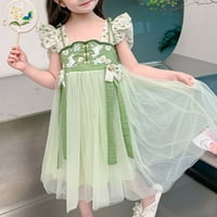 Djevojke haljina ljeti zeleni leteći rukavi slatka cvjetna crtana vez mrežavica šiva moda retro princeza