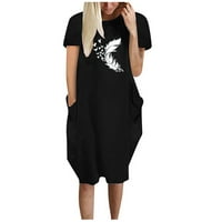 Oslinske štednje modne dame Ljetna haljina smiješna grafički perje leptir print posada od vrata Midi
