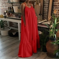 Za žensku casual plažu midi duljina čvrsta remena haljina Džepna labava haljina za vezu bez krila crvena