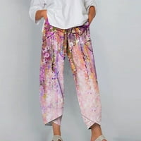 Ženski salon Capri hlače izvlačenja elastične uštede u obliku uzoraka visokog struka, pamučne i posteljine s džepovima Casual Labavi moda plus veličine za žene ružičasta L