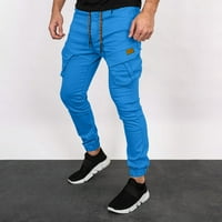 B91XZ MENS radne hlače Muške pamučne četiri sezone Moda jednostavna čvrsta boja elastična struka kombinezone casual pantalone Plava, veličina XL