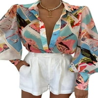 Bomotoo dame vrhovi cvjetni šljokica za bluzu rever rever izrez Elegantna tunika košulja ljeta ljeta smeđa 2xl