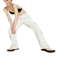 Žene Jeans List Print High Squik duge ručne pantalone s ravnom nogom
