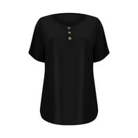 Ženske košulje Ženska labava Fit V-izrez Solid Boja Casual Okrugli dugmeta Kratkih rukava TOP Black