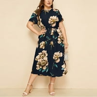 Ljetne haljine za žene kratki rukav A-line srednje duljine casual okruglom dekolte s cvjetnom haljinom 3xl