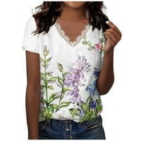 Hanas kratki rukav za žene Ljeto V izrez T-majice Ležerne prilike sa labavim fit čipkom patchwork-om