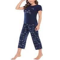 Žene Capri pidžama Set čipka za spavanje kratkih rukava PJS setovi mornarsko plava m