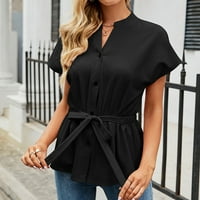 Žene Ljetna modna majica Modni ljetni kratki rukav zavoj s pune boje Casual bluza vrhom teretane Thirts Black XL