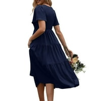 Žene Ležerne prilike ljeto V-izrez kratki rukav visoki struk ruffflegirana linija midi haljina plava