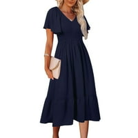 Ležerne haljine za žene labave srednje dužine kratkih rukava V-izrez Solid Party A-line haljina plava
