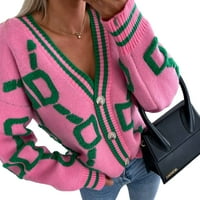 PlenderEmangoo V-izrez džemper za žene Knit Cardigan Pismo Ispis Pulover dugih rukava Ležerne prilikom