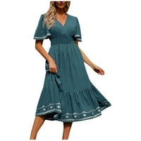 Clearce Summer haljine za žene kratki rukav čvrsta prodaja Duljina koljena A-line V-izrez Dress Blue XS
