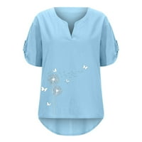 Labakihah T majice za žene Ljeto Ženski kratki rukav V izrez cvjetni tiskani pamučni posteljina vrhnja majica casual majice Tee bluza plava