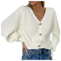 Ženska jesen i zimski ležerni stil pleteni šuplji džemper V-izrez dugih rukava gumb punog boja Cardigan