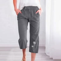 Borniu Capris za žene, Ležerne prilike ispisa elastične labave hlače Ravne široke pantalone za noge sa džepom, obrezive hlače