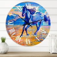 Art DesimanArt 'Plavi konjski galaring preko prerijskog zidnog sata u seoskoj kući u. Širom unutra. Visoko