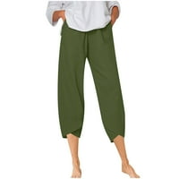 Wyongtao Capris Hlače za žene Pamučno posteljina široka noga Ležerne prilike Comfy Visoke strukske kantare useljene useljene džepove zelena l