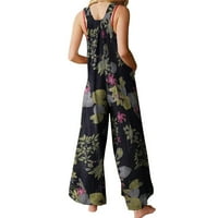 Izhansean Ženski ljetni kombinezon Vintage cvjetni tisak kvadratni vrat bez rukava bez rukava sa džepovima