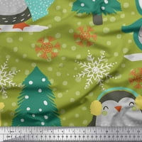 Soimoi Zelena mahovina Georgette Tkanini Božićno drvce i pingvinski crtani iz kabineta od tiskanog tkanine