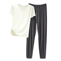 XIHBXYLY Clearsance setovi Dvije odjeće za žene ljetne kratkih rukava s majicom izvezenih pamučnih kombinezona za žene plus veličine Print pidžama setovi # dan bijeli m
