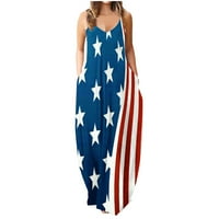 Usmixi 4. srpnja haljine za žene Labavi Boho džepni dan neovisnosti Patriotski Cami duge haljine bez rukava V-izrez SAD Zastava za zastavu Ispis ljeto maxi svečana haljina tamno plava m