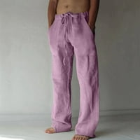 Muški plus pantalona pamučna i posteljina elastična struka izmiješana prozračna udobna mekana plaža casual pune duljine hlače ružičaste 12