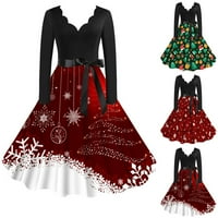 Manxivoo haljine Božićne ženske klasične haljine za čaj s dugim rukavima V vrat haljina s kaišom Swing