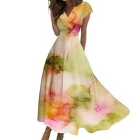 Haljine za žensko čišćenje ženske duge casual haljine Ljeto kratki rukav V-izrez struk za povlačenje tiskano žuto xxxl