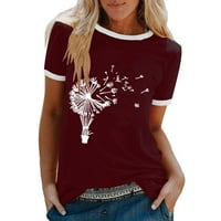 Vrhovi vježbanja za žene Modni ležerni print O-izrez Labavi majica kratkih rukava Top bluza Pulover THIrts majice za žene, vino, m