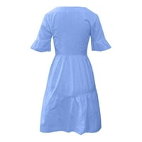Ernkv Ženska haljina s linijskim haljinama s džepom za odmor ruffle rukave ljetna plaža V izrez za sunčanje Elegantne casual comfy vintage boho plavi l