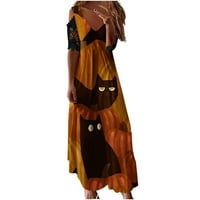 Ženske kostime za Halloween čipke kratkih rukava V izrez Ruched Maxi haljine slatka mačka bundeva haljina