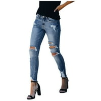 Modni ženski džepni rupa visoko struk traper hlače mršave tanke casual traperice plava l