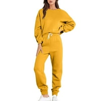 Ženska ležerna dukseta dva odjeća trendy Solid Color Pocket CrewNeck pulover Dutlet TOP i crtajući dugi pantski set Jogger TrackSit Gold # S