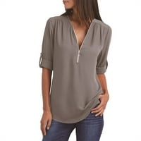Ženska modna majica za prevelike šifon, V izrez Roll-up casual bluza s dugim rukavima, sa zatvaračem